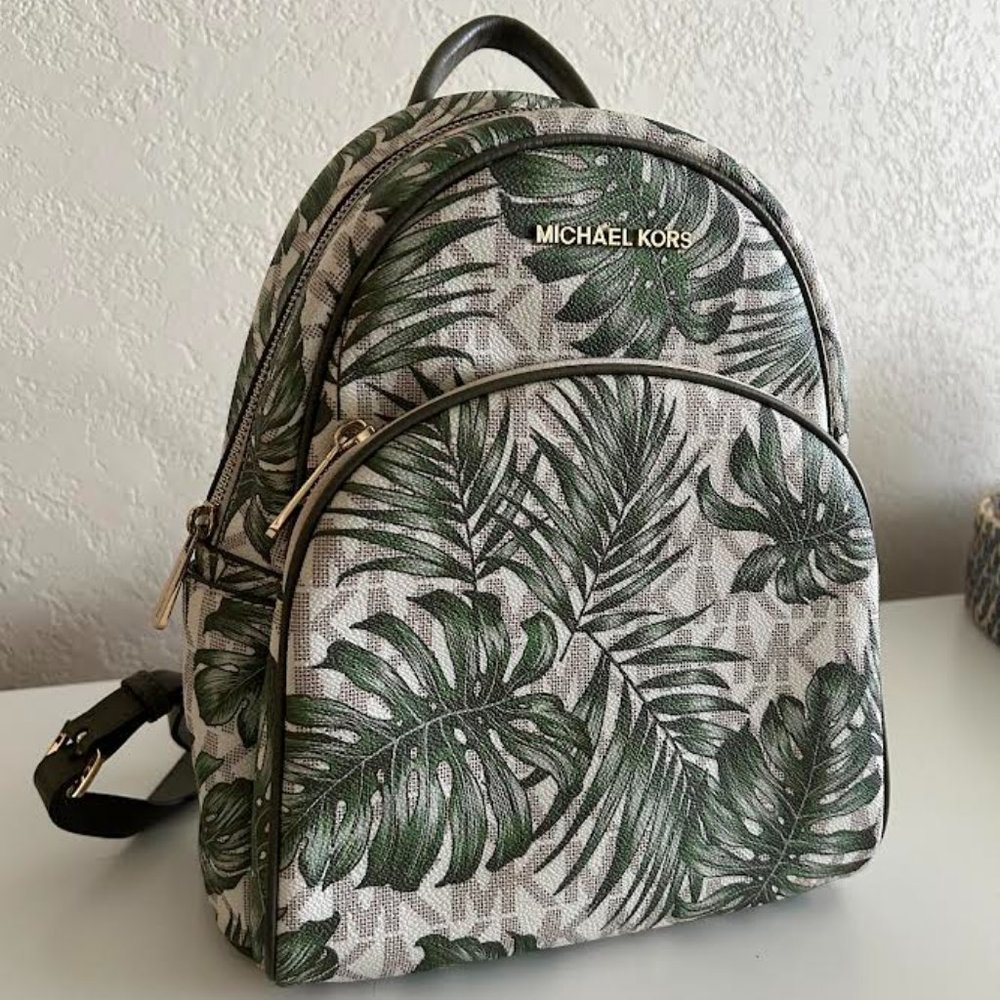 Michael Kors Leather Abbey Vanilla Olive Logo Palm Leaf Backpack